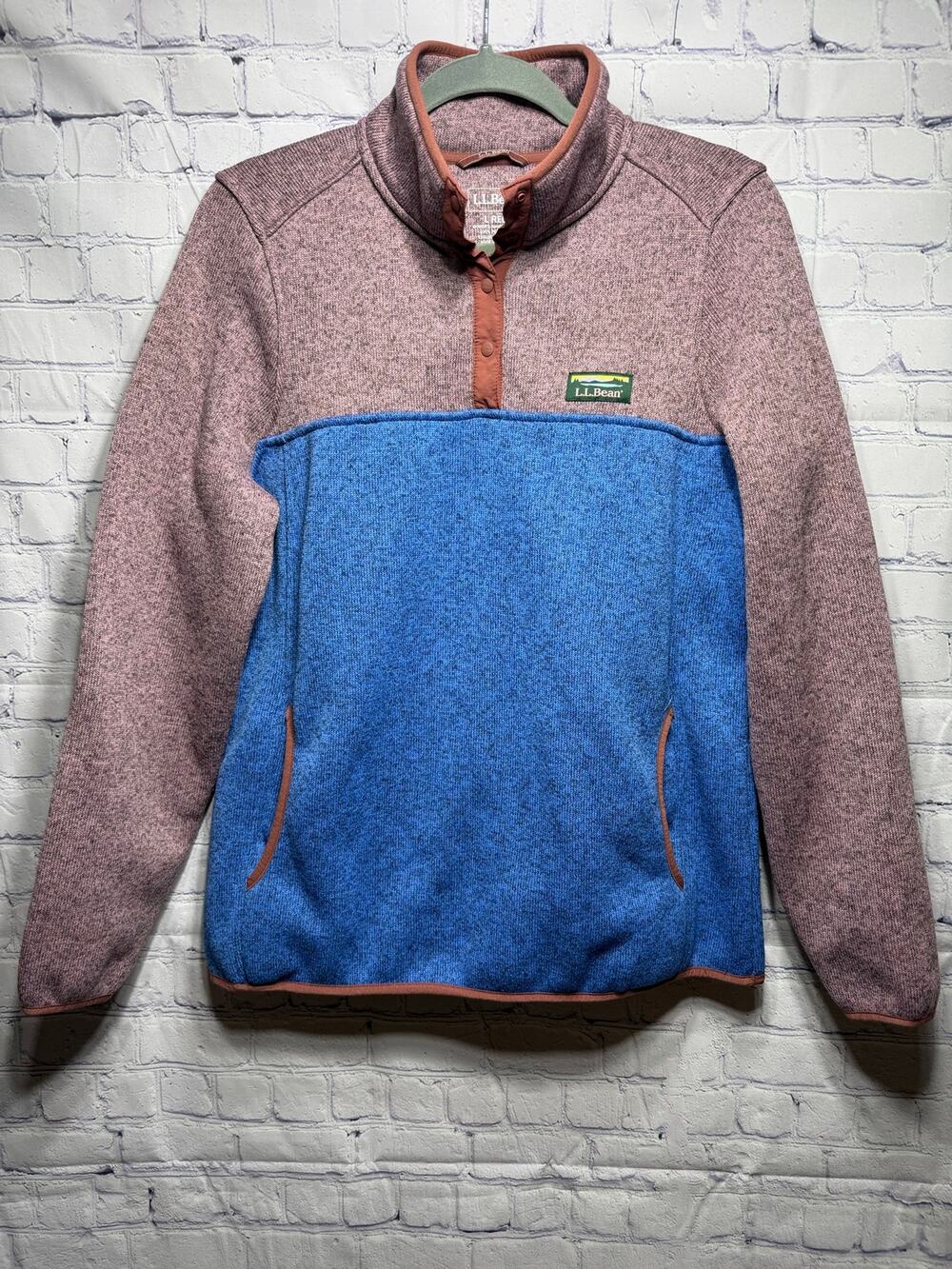 L.L.Bean Womens Fleece 1/4 Snap Pullover Pink Blue Sz L Outdoor Casual